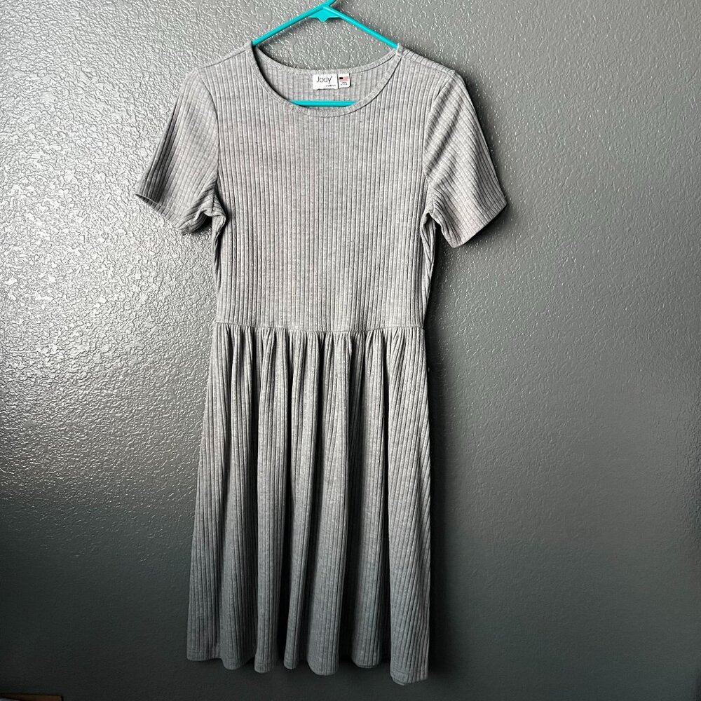 Vintage Jody California Gray Ribbed Knit Dress – Size S/M – Button Detail, Made
